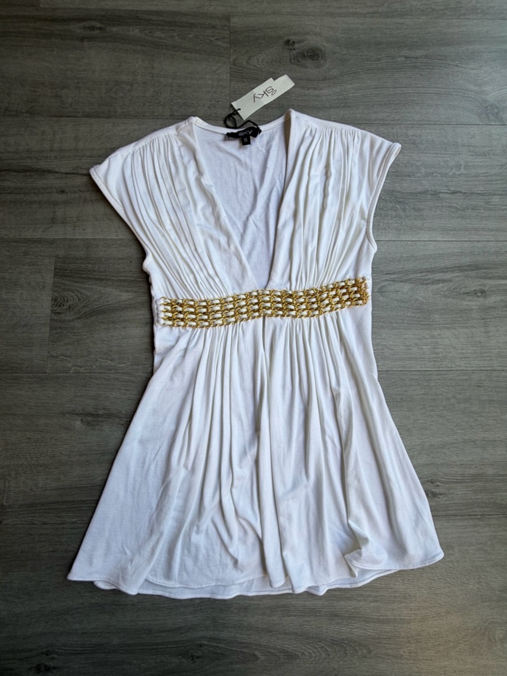 Y2K White Empire Waist Top Gold Chain Detail Babydoll Size S NWT